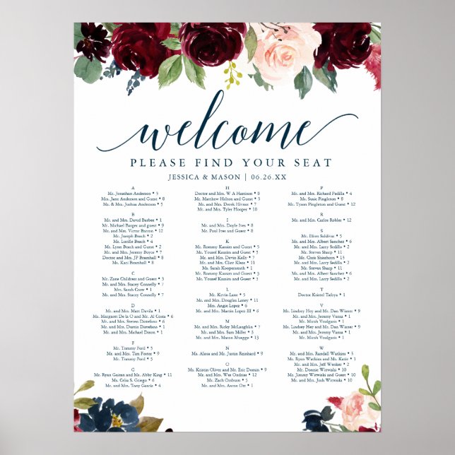 Breezy Burgundy Navy Hochzeitstabelle Poster (Vorne)