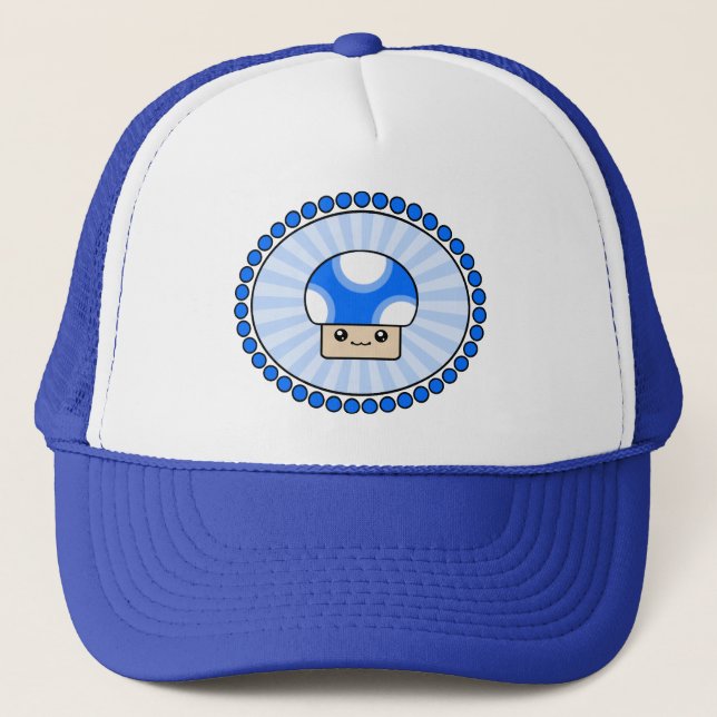 Breiartiger Hauche Kawaii Pilz-Blau-Hut Truckerkappe (Vorderseite)