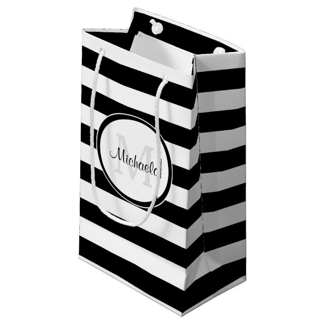 Breite Schwarzweiss-Streifen und lässiger Name Kleine Geschenktüte (Vorderseite Schrägansicht)