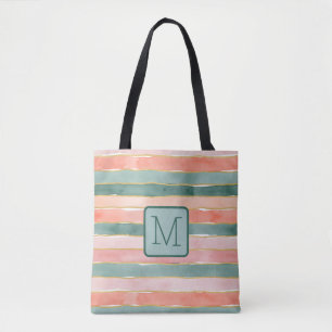 Breite Wasserfarbenstreifen Teal-Farbblock-Monogra Tasche