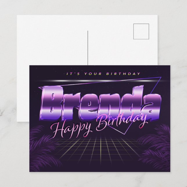 Brenda prénom carte postale violette anniversaire (Devant / Derrière)