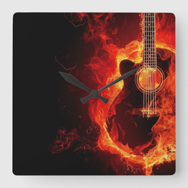 Brennende Gitarre, Orange Flames Music Rock Band Quadratische Wanduhr (Vorderseite)