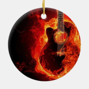 Brennende Gitarre, Orange Flammen Musik Rockband Keramikornament