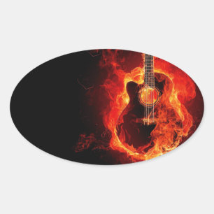 Brennende Gitarre, orange Flammen Musik Rockband Ovaler Aufkleber