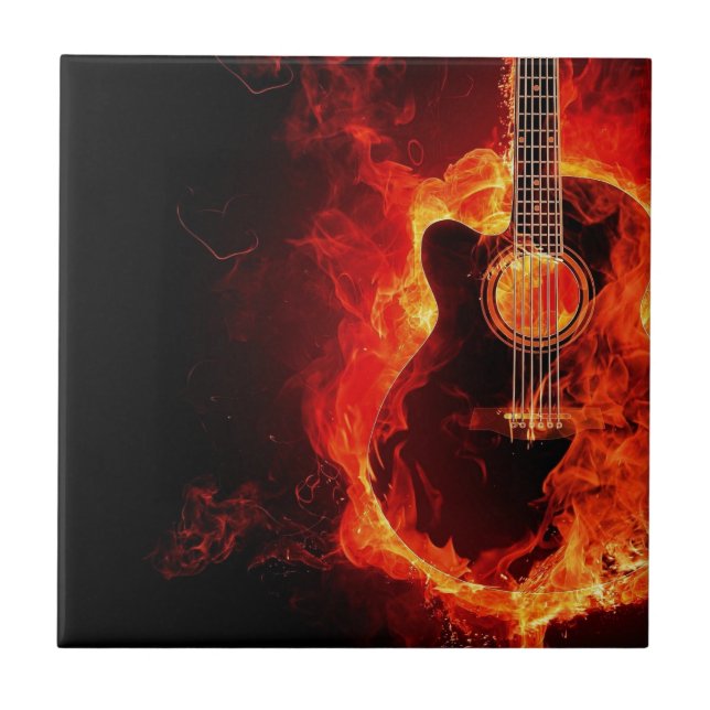 Brennende Gitarre, Orange flammt Musik-Rockband Fliese (Vorderseite)