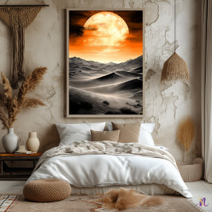 Brennender Mond über Wüstendünen – Monochrom  Poster