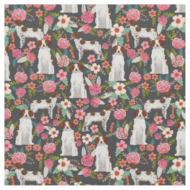 Bretagne Spaniel Vintage Blumen dunkel Stoff (Nahaufnahme)