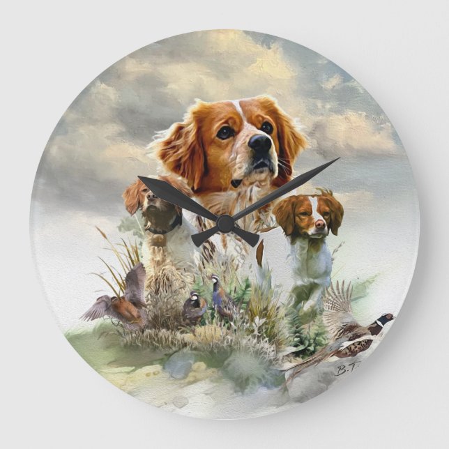 Bretagne-Spaniels, Französische Bretagne, Vogelhun Große Wanduhr (Vorderseite)