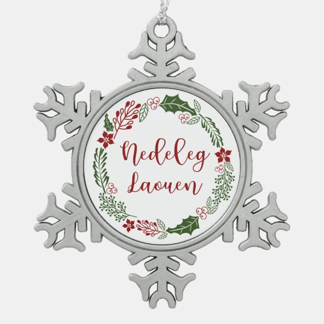 Breton Merry Christmas Wreath, Nedeleg laouen Schneeflocken Zinn-Ornament (Vorderseite)