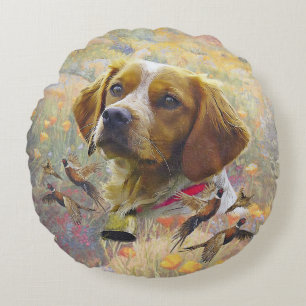 Bretonischer Spaniel Kunst, Fasanenjagd Rundes Kissen