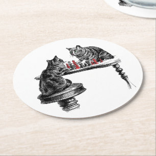 Brettspiele Zwei Katzen spielen Schachpartie Rot Runder Pappuntersetzer