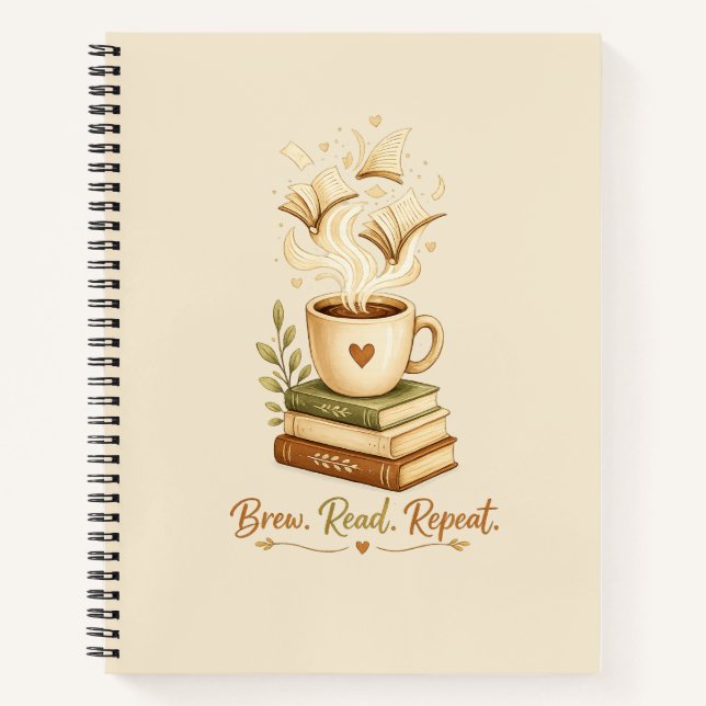 Brew. Read. Repeat. | Cozy Kaffee & Buch Notizbuch (Vorderseite)