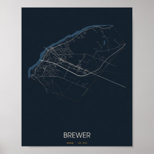 Brewer Maine Streetkarte Poster (Nacht) – Gegr. 18