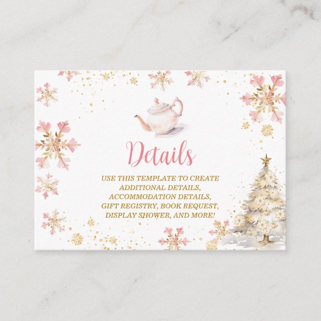 Brewing Pink Winter Tea Party Baby Shower Details Begleitkarte (Vorderseite)