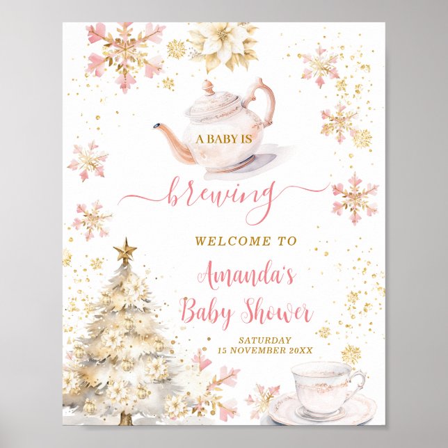 Brewing Pink Winter Tea Party Baby Shower Welcome Poster (Vorne)