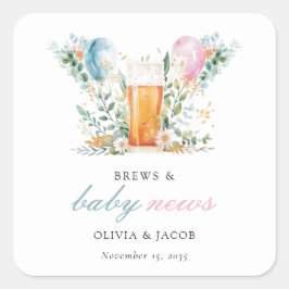 Brews & Baby News Gender Reveal Party Quadratischer Aufkleber