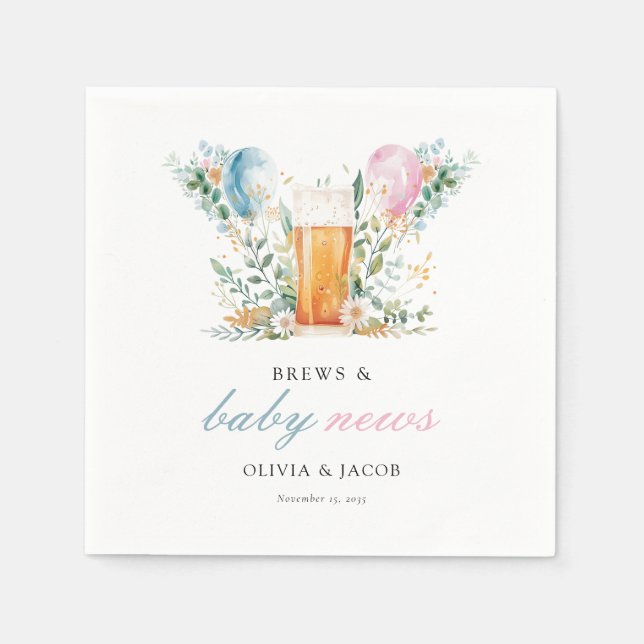Brews & Baby News Gender Reveal Party Serviette (Vorderseite)