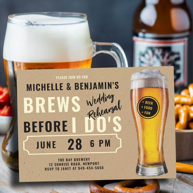 Brews, bevor ich Dos Couple Wedding Probe Lässig Einladung (brews before i dos wedding rehearsal dinner invitation brewery theme rustic kraft beer party)