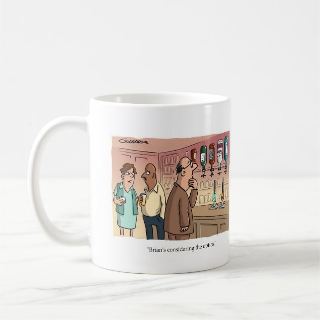 Brian betrachtet die Optik Kaffeetasse (Links)