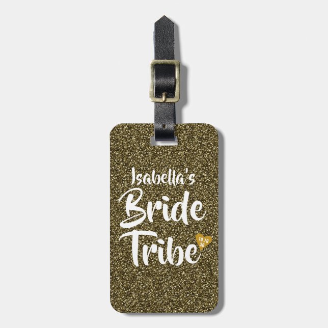 Bribe Tribe Gold Date Personalisierter Glitzer Gepäckanhänger (Vorderseite vertikal)