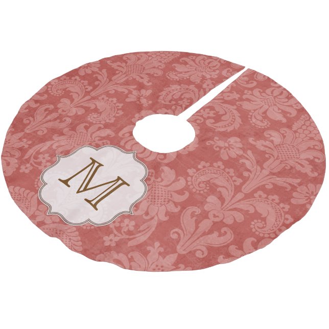 Brick Red Damask Lace Monogram Initial Tree Skirt Polyester Weihnachtsbaumdecke (Schrägansicht)