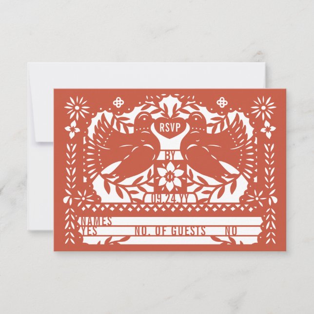 Brick Red Mexican Fantail Doves Papel Picado RSVP Karte (Vorderseite)