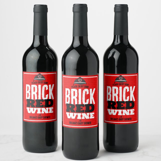 Brick Red Wine Firefighter Vin bouteille Étiquette (Brick Red Wine Firetruck Baby Shower Wine Labels - Cute & Unique Addition to your Baby Shower)