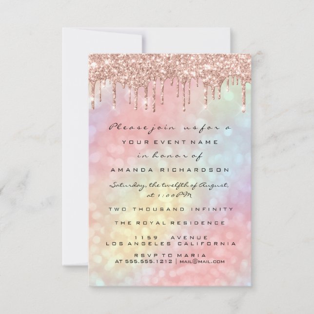 Bridal 16. Rose Gold Wedding Holographic Tropfen Einladung (Vorderseite)