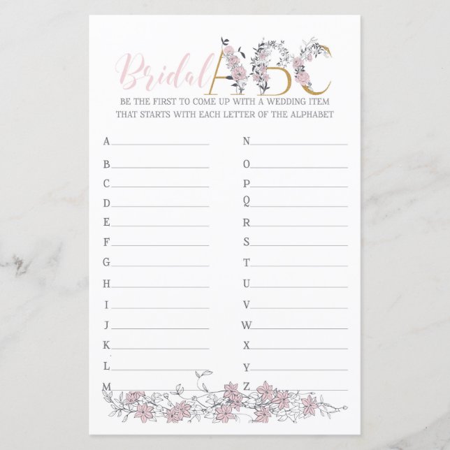 Bridal ABCs Botanisches Brautparty Game (Vorderseite)