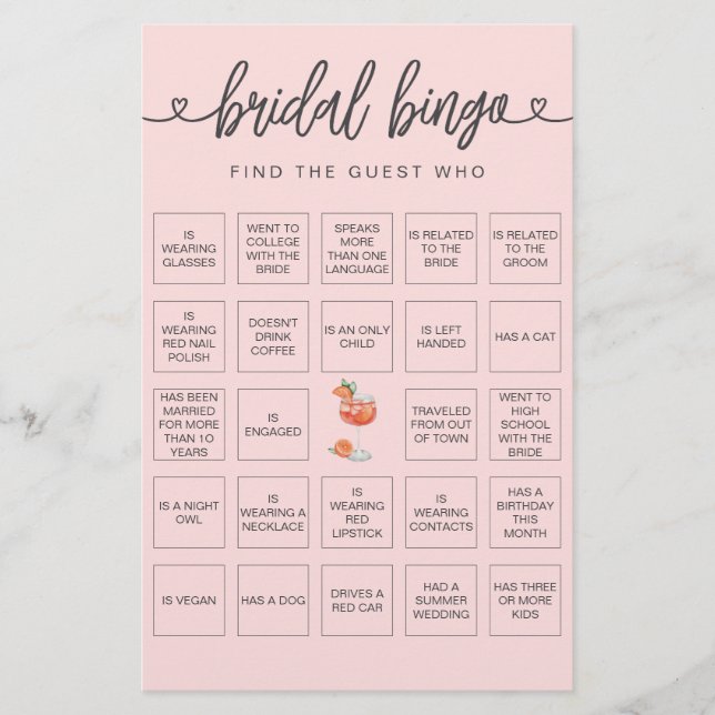 Bridal Bingo Finden Sie das Gast-Brautparty-Spiel (Vorderseite)
