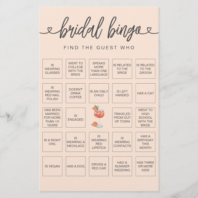 Bridal Bingo Finden Sie das Gast-Brautparty-Spiel (Vorderseite)