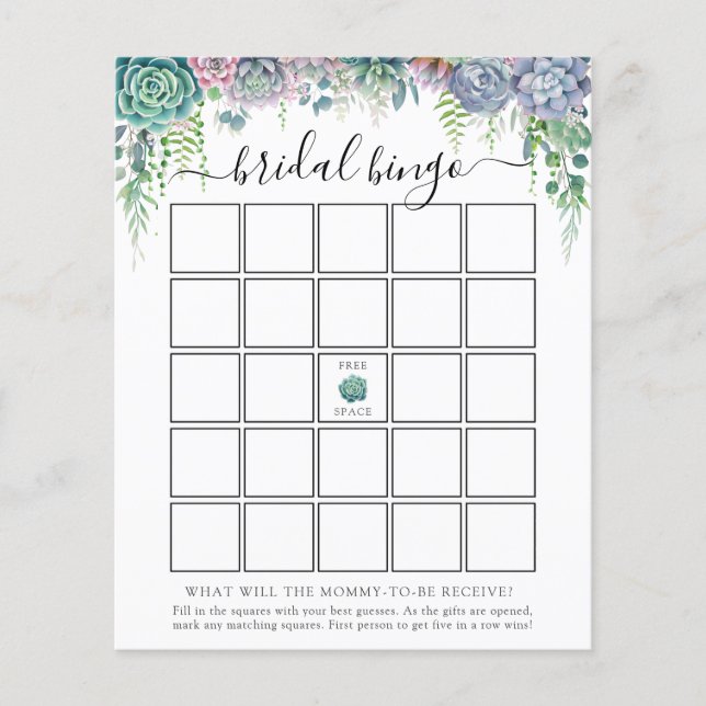 Bridal Bingo Game Card für Sukkulent und Grüne (Vorderseite)