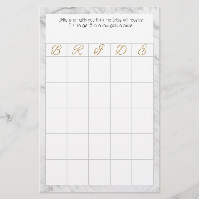 Bridal Bingo Marble und Gold Theme Briefpapier (Vorderseite)