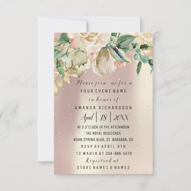 Bridal Birthday Blume Gold Minze Rose Gold Blush Einladung (Vorderseite)