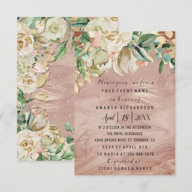 Bridal Birthday Blume Gold Minze Rose Marmorrahmen Einladung (Vorne/Hinten)