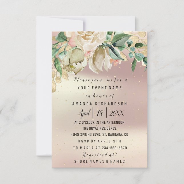 Bridal Birthday Blume Gold Minze Rose Wasserfarbe Einladung (Vorderseite)
