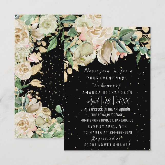 Bridal Birthday Blume Gold Minze Schwarze Wasserfa Einladung (Vorne/Hinten)