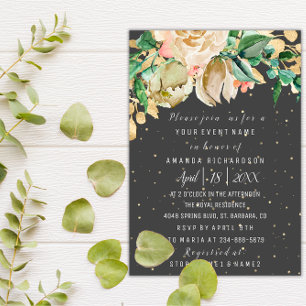 Bridal Birthday Blume Goldminze Weißes Wasser Farb Einladung