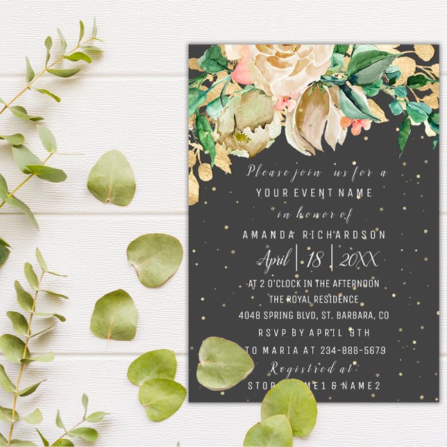 Bridal Birthday Blume Goldminze Weißes Wasser Farb Einladung (Bridal Birthday Flowers Gold Mint White Watercolor Invitation)