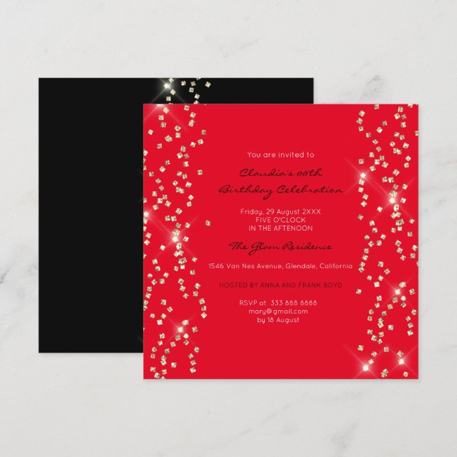 Bridal Birthday Gold Confetti Crystals Black Red Einladung (Vorne/Hinten)
