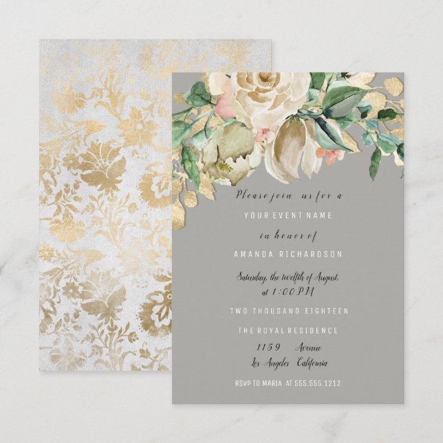 Bridal Birthday Party Rose Paint Floral Gray Einladung (Vorne/Hinten)