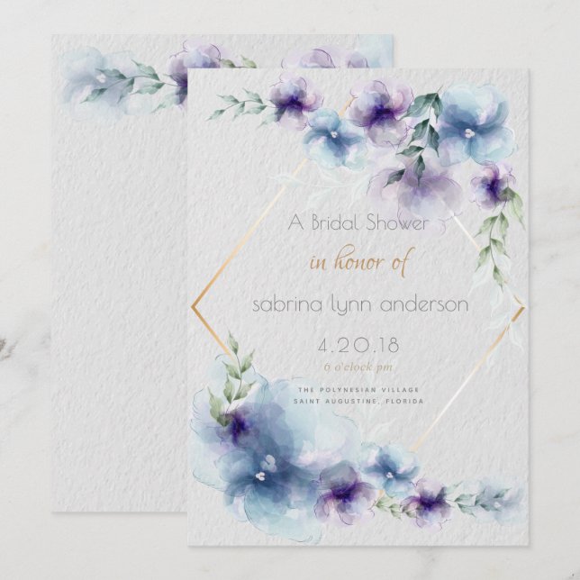 Bridal Blue-Violet Translucent Watercolor-Blume Einladung (Vorne/Hinten)