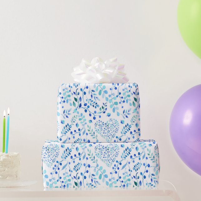 Bridal Blue Watercolor Blätter und Herzformen Geschenkpapier (Partygeschenke)