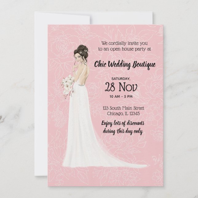 Bridal Boutique offenes Haus wählen Hintergrundfar Einladung (Vorderseite)