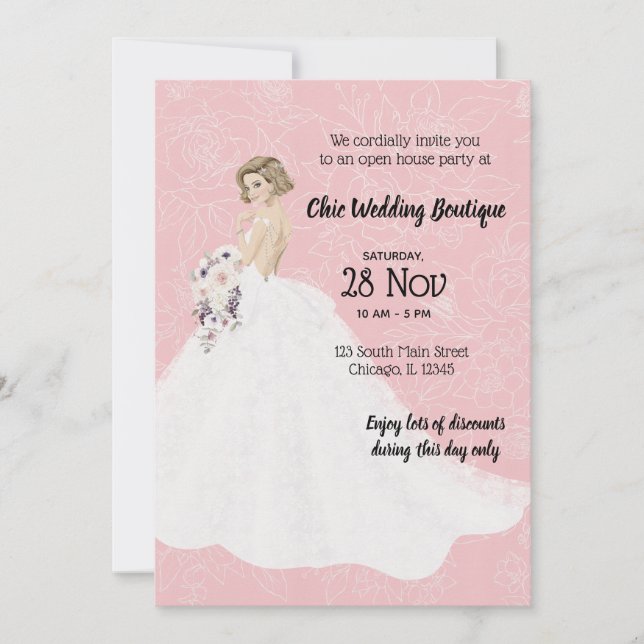 Bridal Boutique offenes Haus wählen Hintergrundfar Einladung (Vorderseite)
