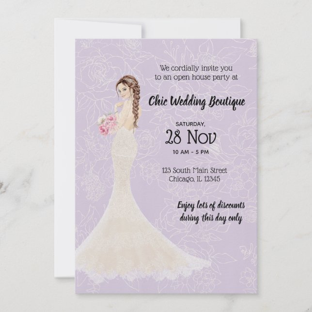 Bridal Boutique offenes Haus wählen Hintergrundfar Einladung (Vorderseite)