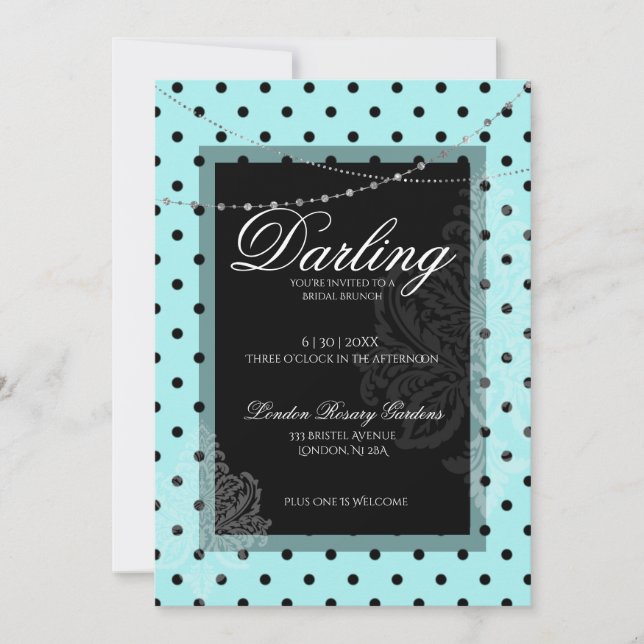 Bridal brunch blauer schwarzer Polka Punkte Save t Einladung (Vorderseite)