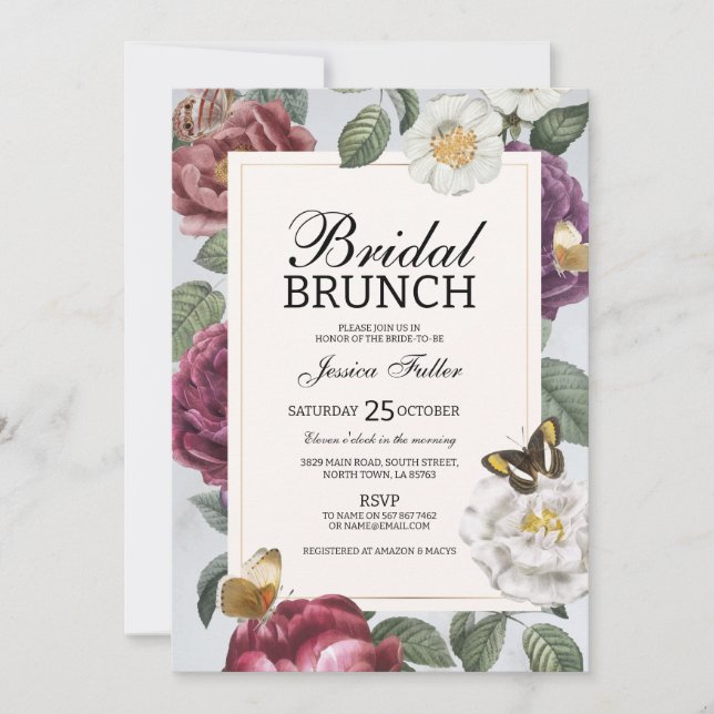 Bridal Brunch Bloom Floral Butterfly Vintag Einladung (Vorderseite)