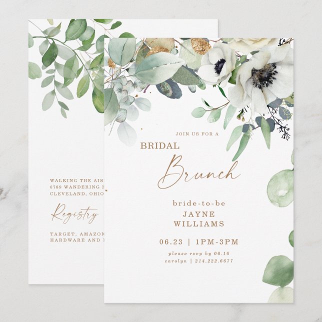 Bridal Brunch Botanisches Grün Weiße Blüte Einladung (Vorne/Hinten)