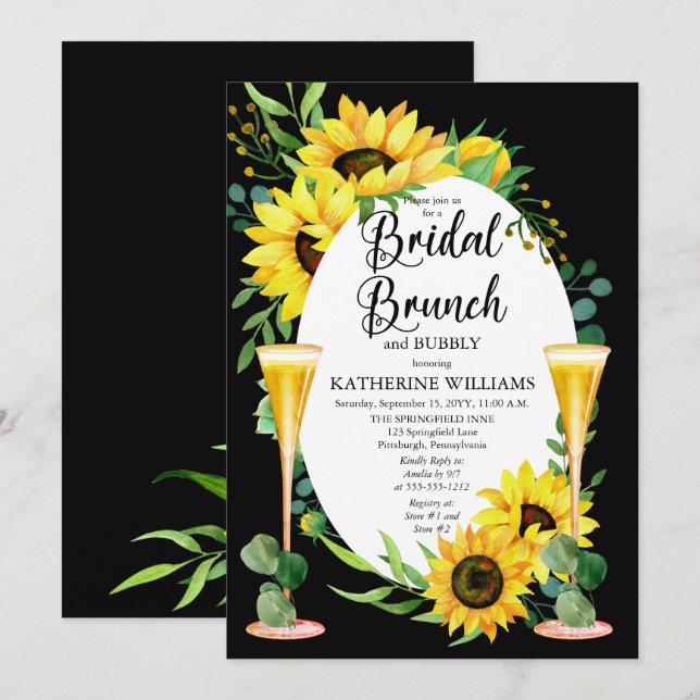 Bridal Brunch Bubbly Sunblumen Eukalyptus Floral Einladung (Vorne/Hinten)
